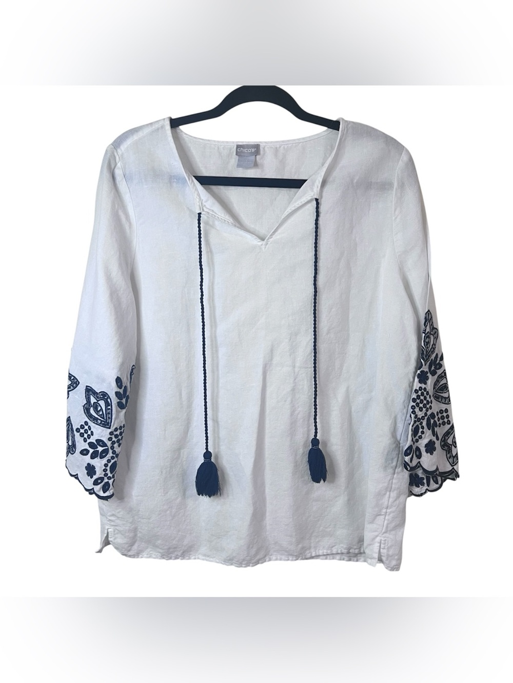 Chico's Linen Blend Embroidered Detail Tunic Blouse V-Neck Medium White Peasant